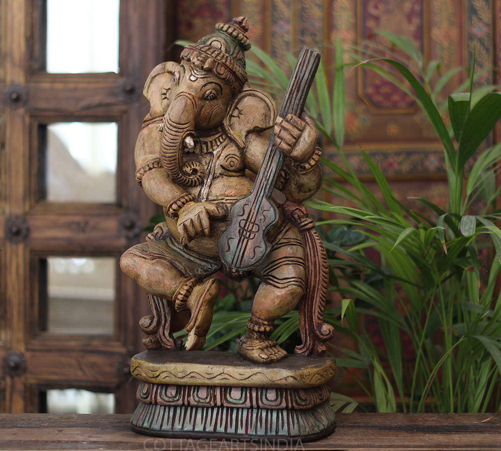 Handcrafted Wooden Lord Ganesha Playing Veena – Vintage Antique Finish