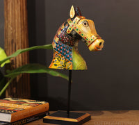 Hand-carved wooden horse head on stand – painted folk art sculpture India