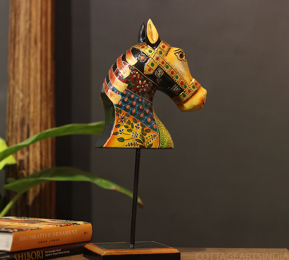 Wooden horse head sculpture side view – vibrant acrylic motifs handcrafted