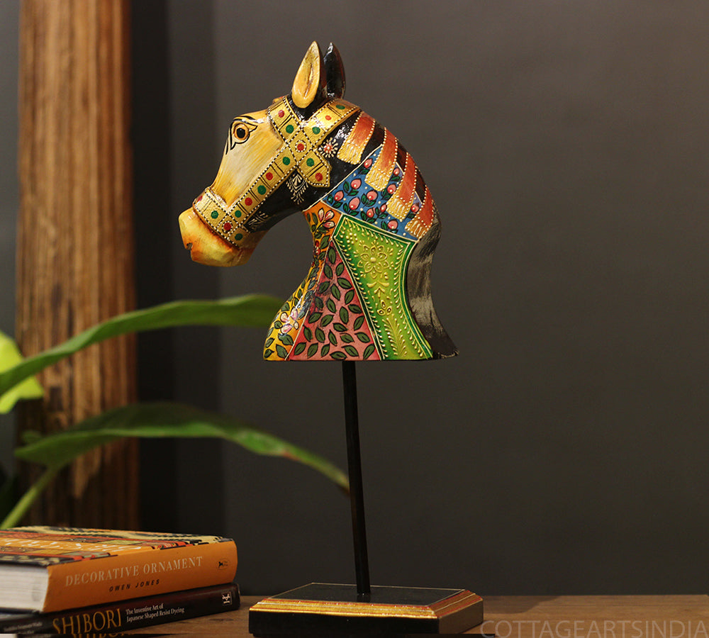 Wooden horse head on stand – living room bookshelf decor India