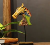 Wooden horse head sculpture side view – vibrant acrylic motifs handcrafted