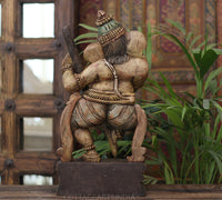 Handcrafted Wooden Lord Ganesha Playing Veena – Vintage Antique Finish