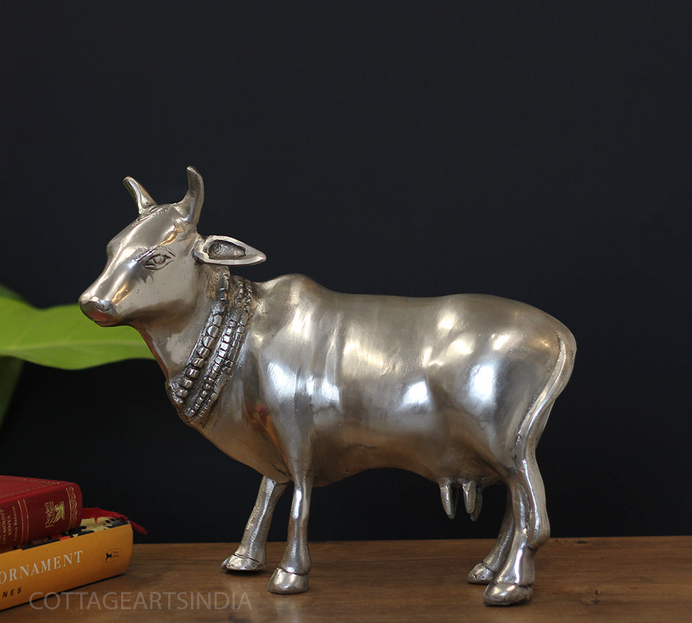 Brass cow idol face detail silver finish – CottageArts India