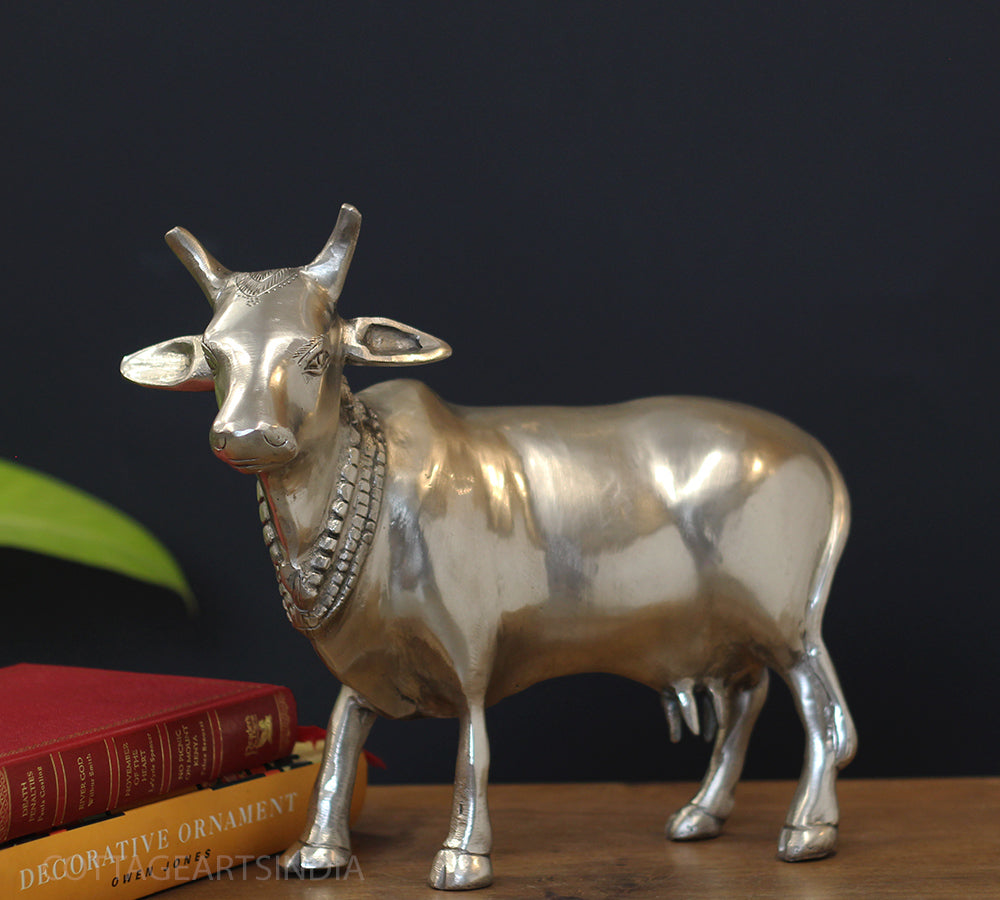 Brass standing cow statue silver finish – handcrafted Kamdhenu idol India
