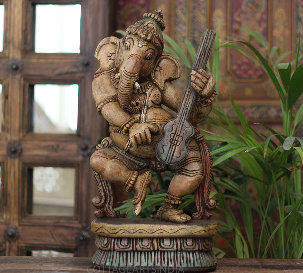 Handcrafted Wooden Lord Ganesha Playing Veena – Vintage Antique Finish
