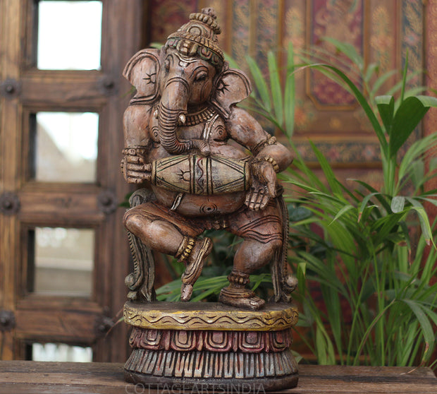 Handcrafted Wooden Lord Ganesha Playing Mridangam – Vintage Antique Finish