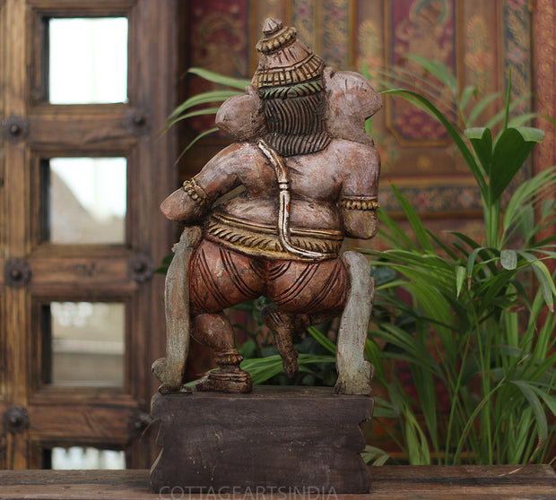 Handcrafted Wooden Lord Ganesha Playing Mridangam – Vintage Antique Finish