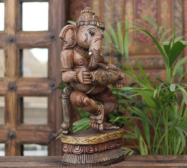 Handcrafted Wooden Lord Ganesha Playing Mridangam – Vintage Antique Finish