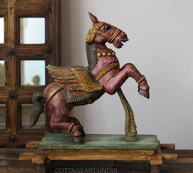Handcrafted Wooden Winged Horse Sculpture – Vintage Antique Finish
