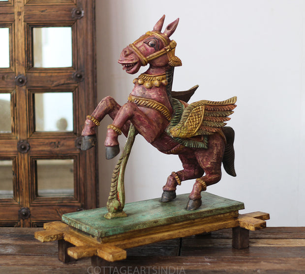 Handcrafted Wooden Winged Horse Sculpture – Vintage Antique Finish