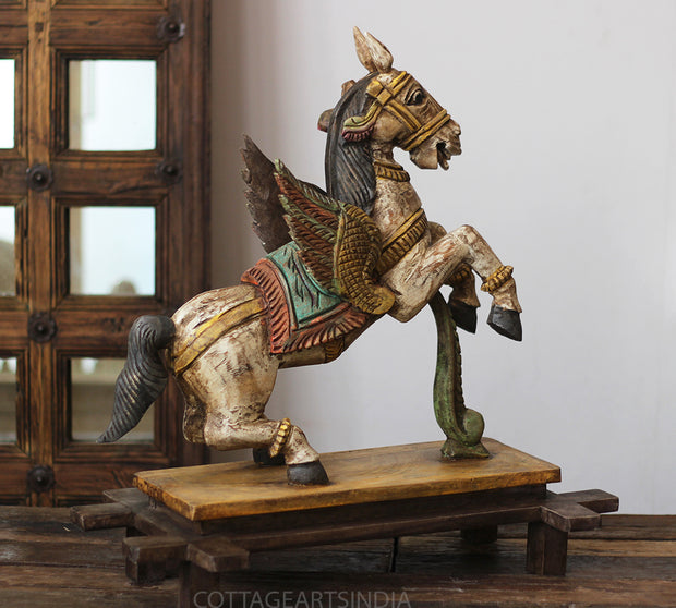 Handcrafted Wooden Winged Horse Sculpture – Vintage Antique Finish