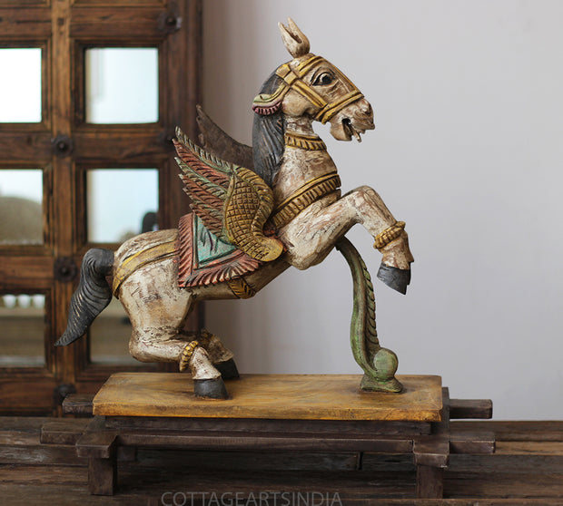 Handcrafted Wooden Winged Horse Sculpture – Vintage Antique Finish