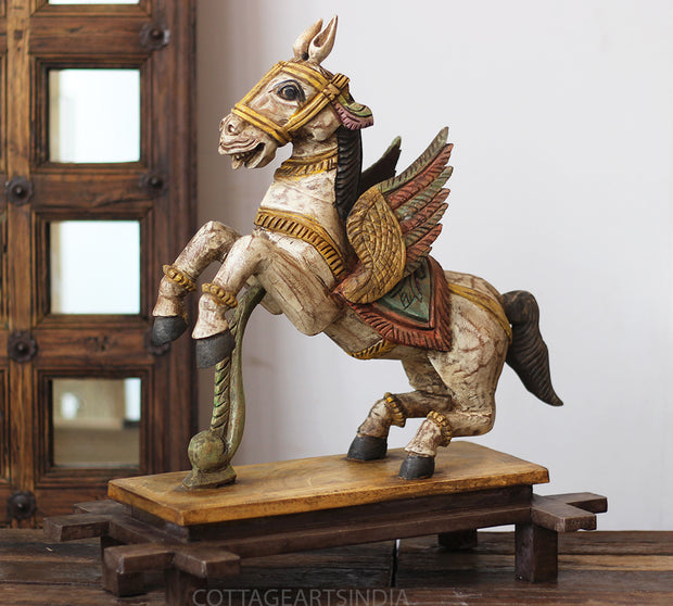 Handcrafted Wooden Winged Horse Sculpture – Vintage Antique Finish