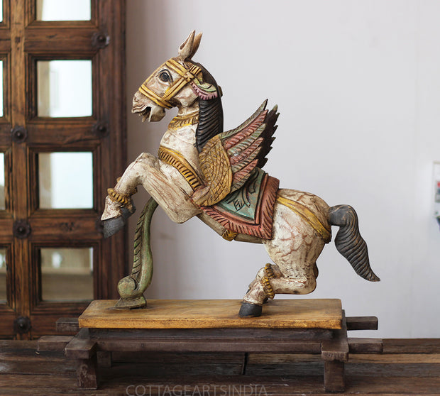 Handcrafted Wooden Winged Horse Sculpture – Vintage Antique Finish