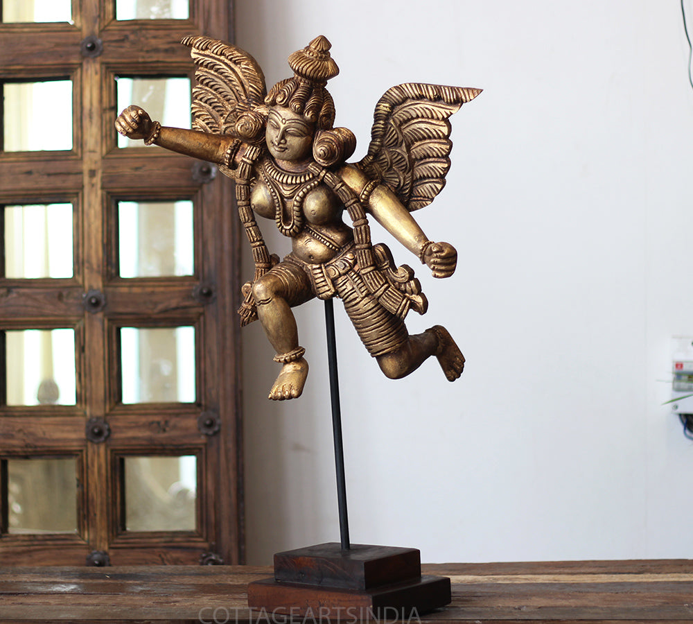 Handcrafted Wooden Angel Sculpture on Stand – Vintage Antique Finish
