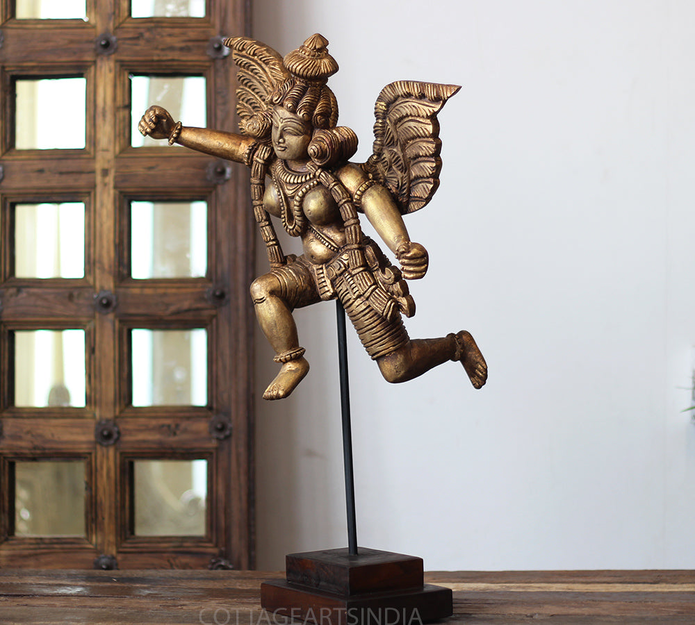 Handcrafted Wooden Angel Sculpture on Stand – Vintage Antique Finish