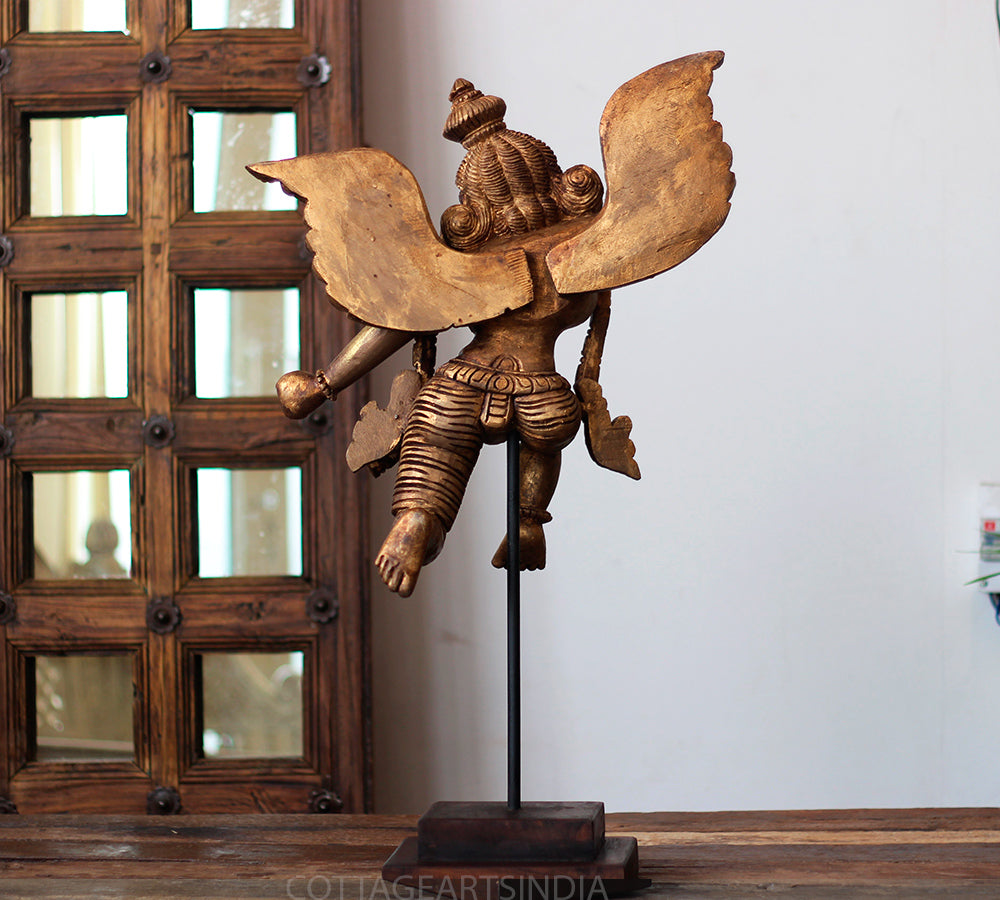 Handcrafted Wooden Angel Sculpture on Stand – Vintage Antique Finish