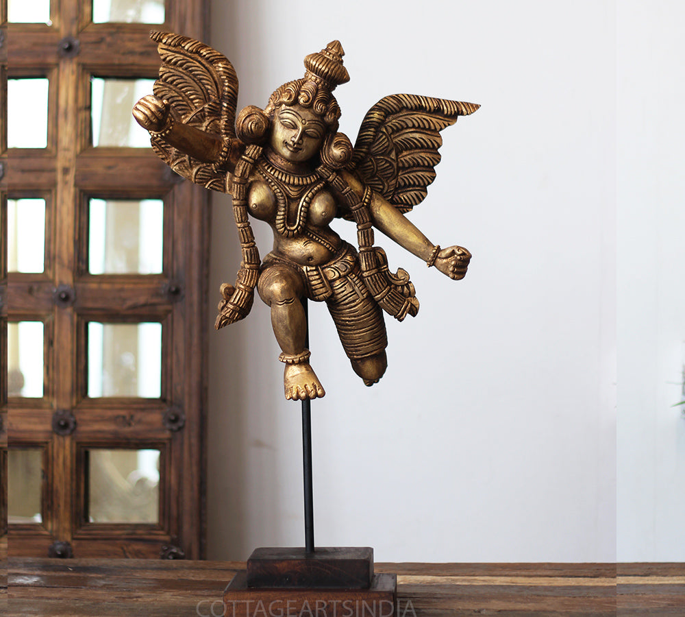 Handcrafted Wooden Angel Sculpture on Stand – Vintage Antique Finish