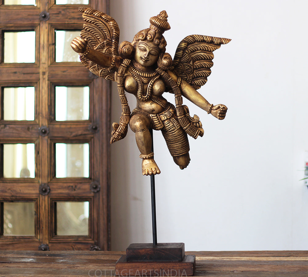Handcrafted Wooden Angel Sculpture on Stand – Vintage Antique Finish