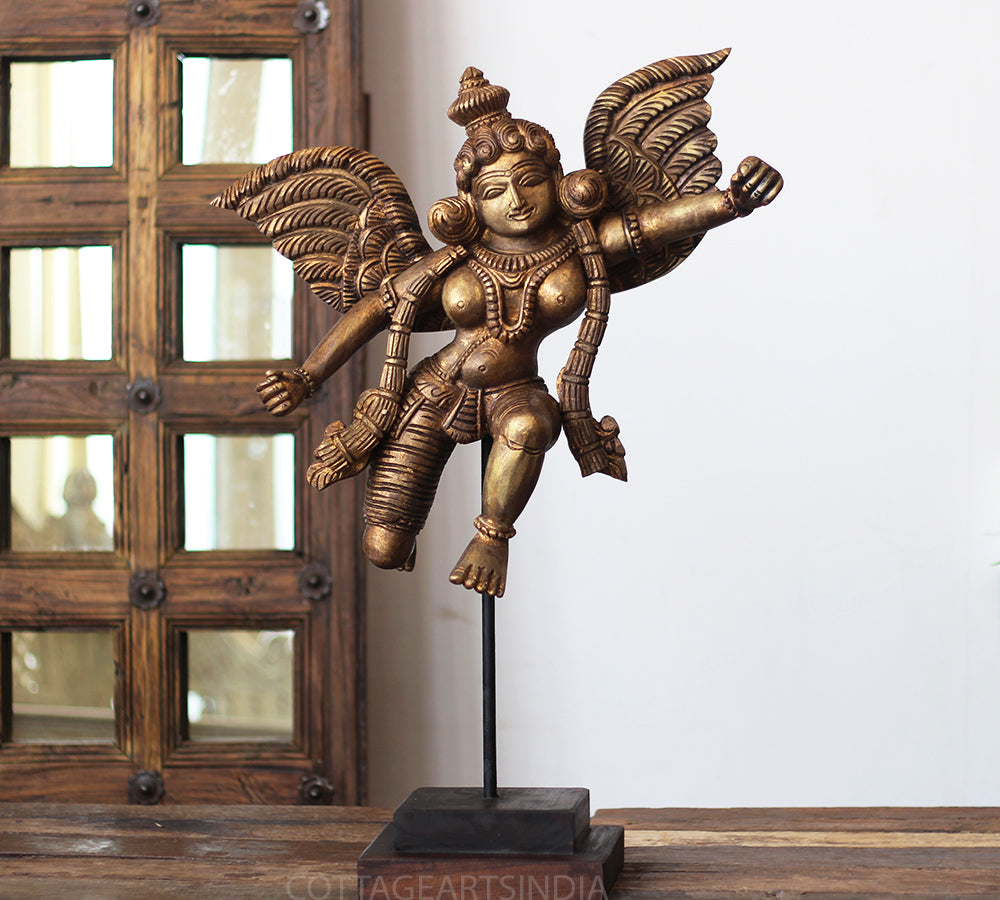 Handcrafted Wooden Angel Sculpture on Stand – Vintage Antique Finish