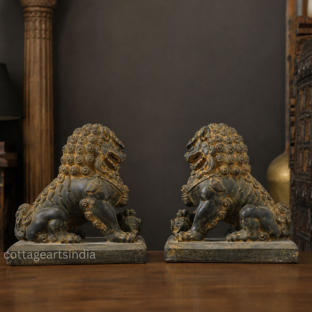 Handcrafted Stone Fu Dog – Chinese Guardian Lion Sculpture-Pair