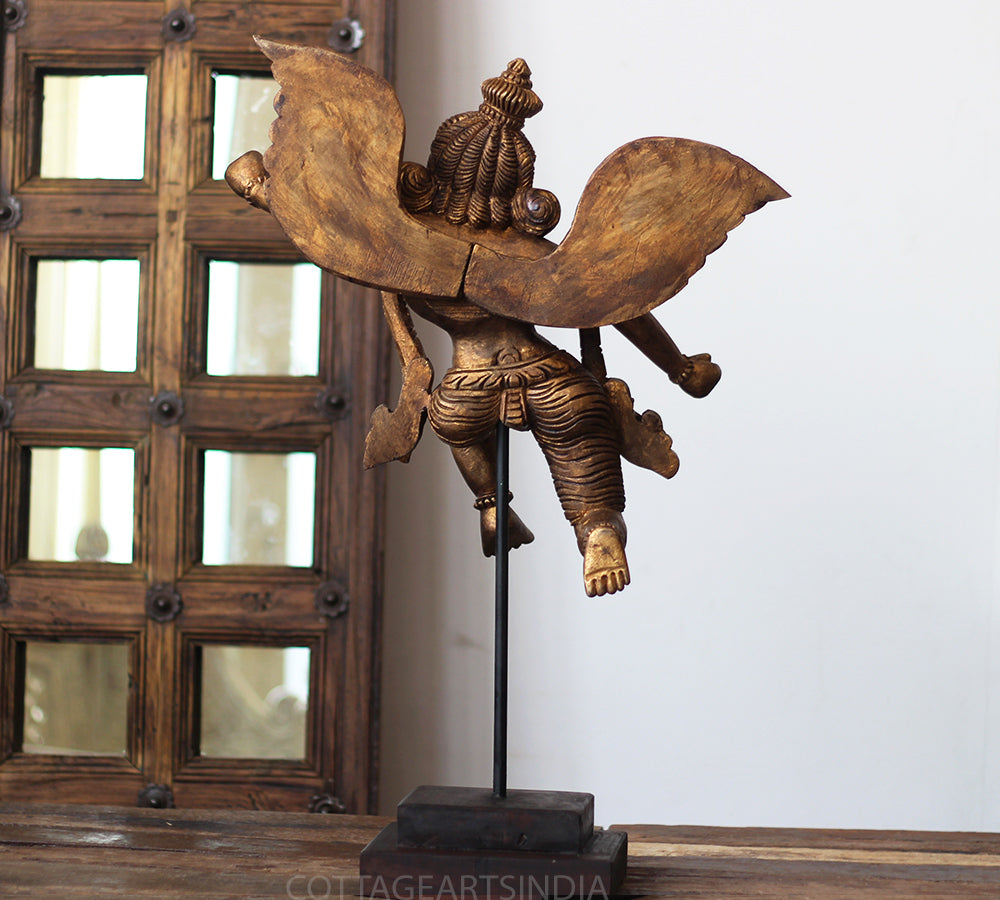 Handcrafted Wooden Angel Sculpture on Stand – Vintage Antique Finish