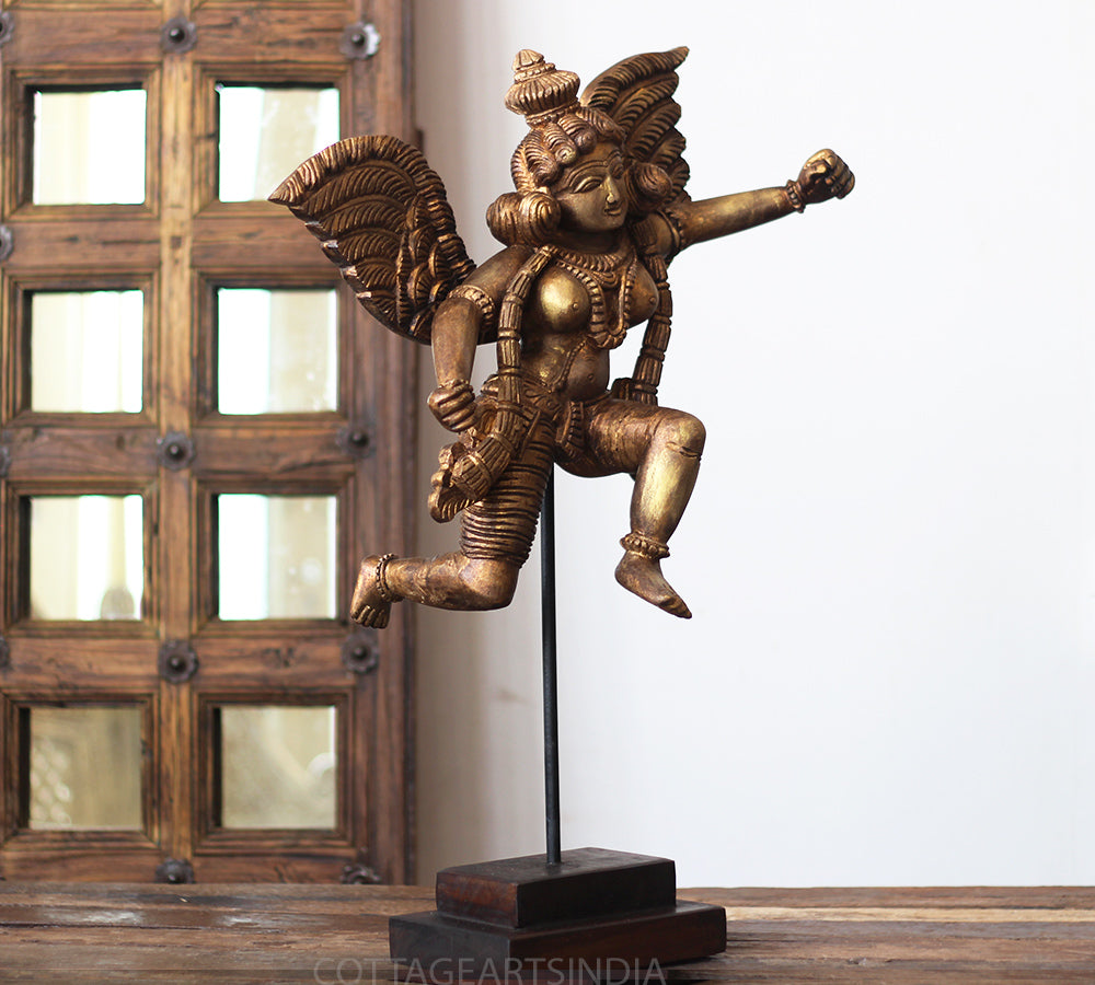 Handcrafted Wooden Angel Sculpture on Stand – Vintage Antique Finish