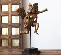 Handcrafted Wooden Angel Sculpture on Stand – Vintage Antique Finish