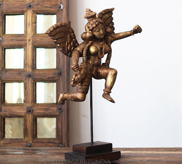 Handcrafted Wooden Angel Sculpture on Stand – Vintage Antique Finish