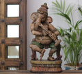 Handcrafted Wooden Lord Ganesha Playing Flute Sculpture – Vintage Antique Finish