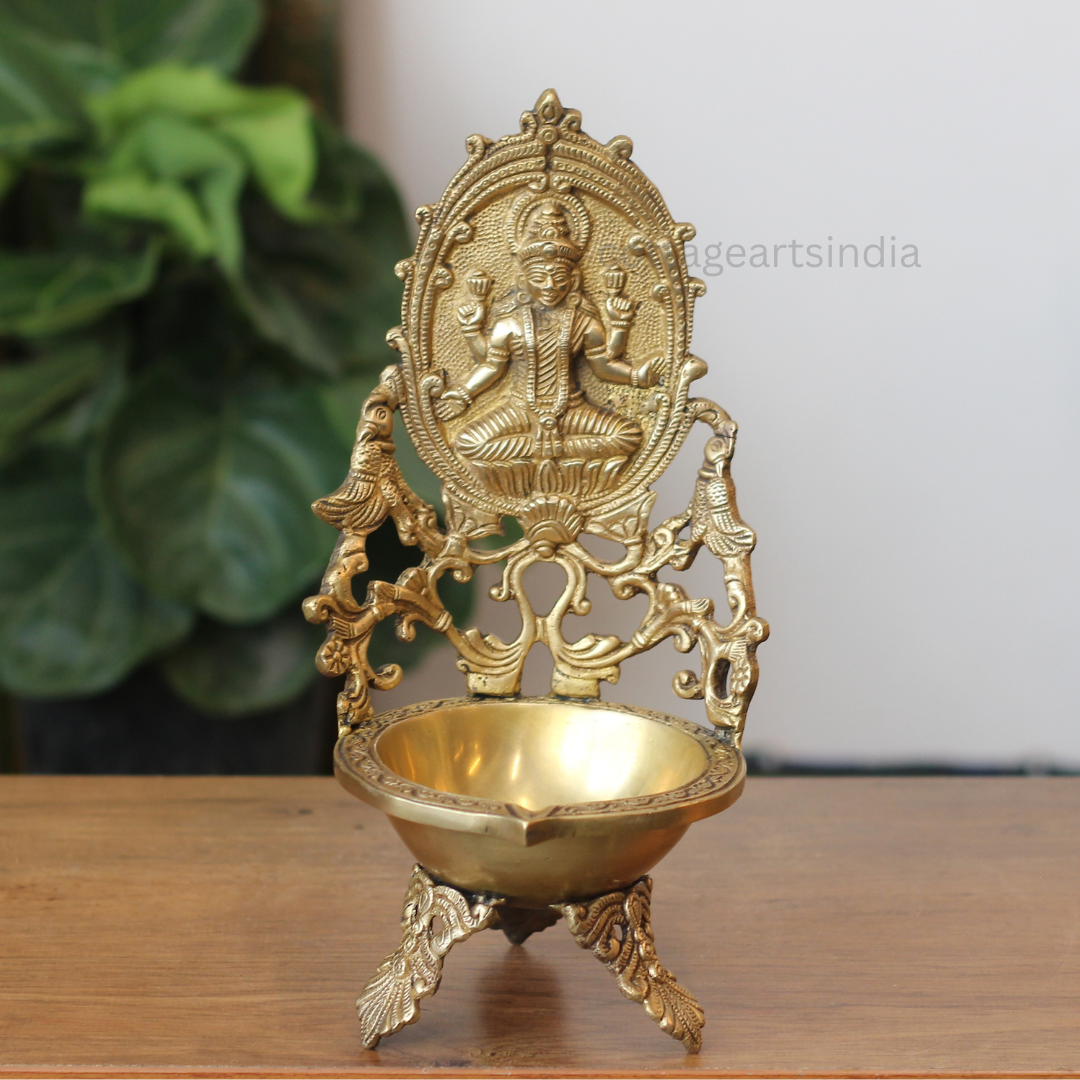 Handcrafted Brass Goddess Lakshmi Urli with Peacock Design