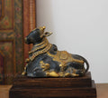 Brass Nandi Bull Statue with Teak Wood Stand | Black & Gold Finish Shiva Decor