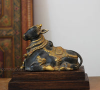 Brass Nandi Bull Statue with Teak Wood Stand | Black & Gold Finish Shiva Decor