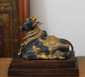 Brass Nandi Bull Statue with Teak Wood Stand | Black & Gold Finish Shiva Decor