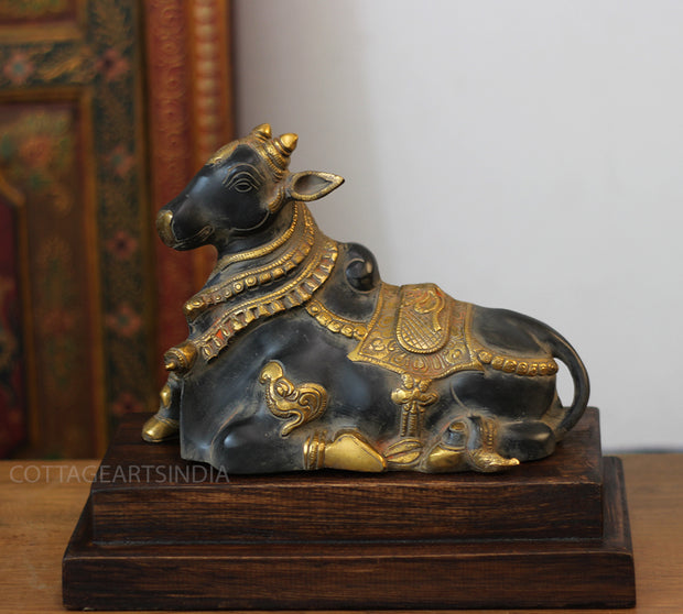 Brass Nandi Bull Statue with Teak Wood Stand | Black & Gold Finish Shiva Decor