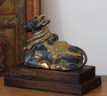 Brass Nandi Bull Statue with Teak Wood Stand | Black & Gold Finish Shiva Decor