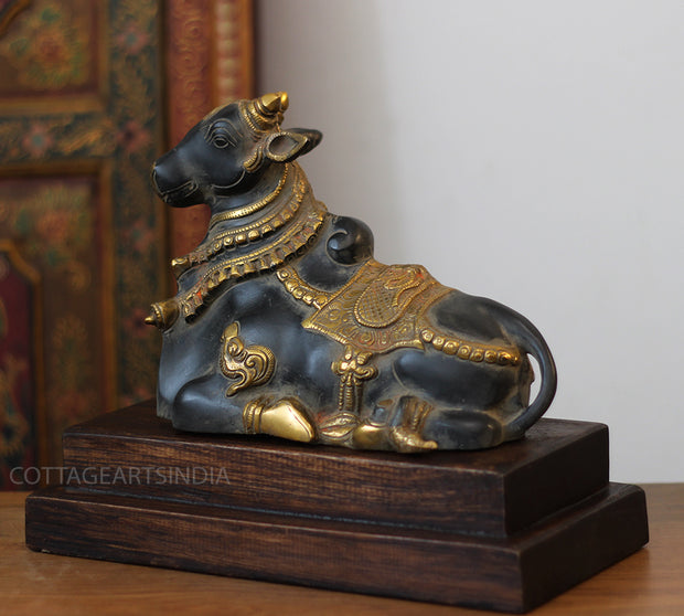 Brass Nandi Bull Statue with Teak Wood Stand | Black & Gold Finish Shiva Decor