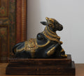Brass Nandi Bull Statue with Teak Wood Stand | Black & Gold Finish Shiva Decor