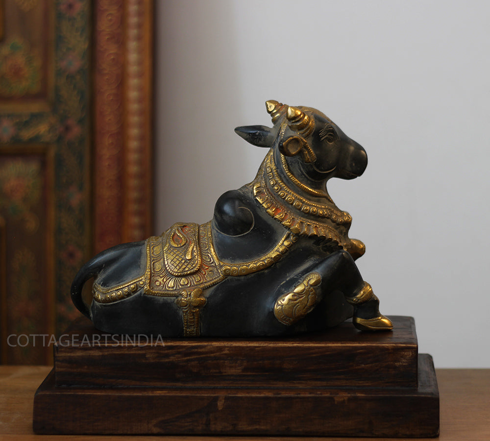 Brass Nandi Bull Statue with Teak Wood Stand | Black & Gold Finish Shiva Decor