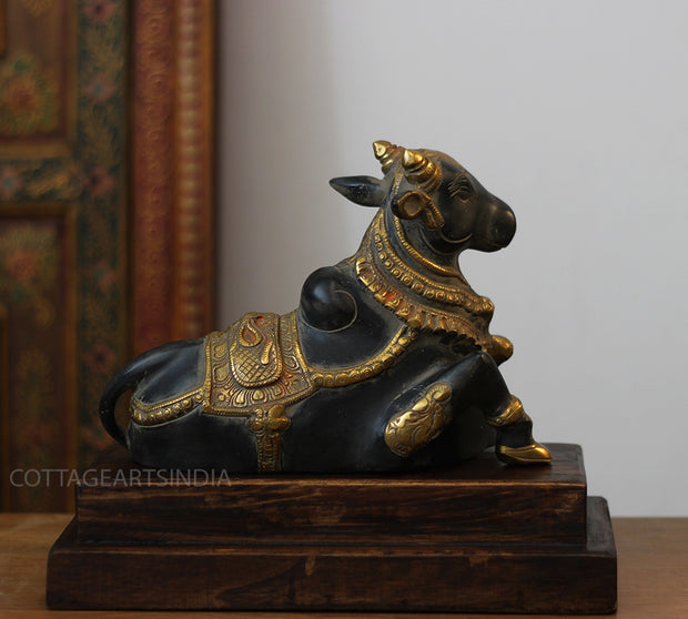 Brass Nandi Bull Statue with Teak Wood Stand | Black & Gold Finish Shiva Decor