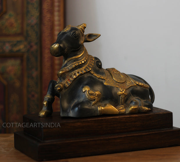 Brass Nandi Bull Statue with Teak Wood Stand | Black & Gold Finish Shiva Decor