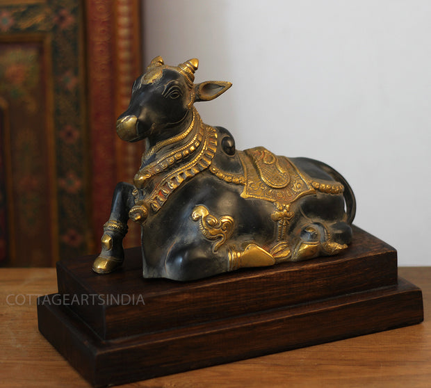 Brass Nandi Bull Statue with Teak Wood Stand | Black & Gold Finish Shiva Decor