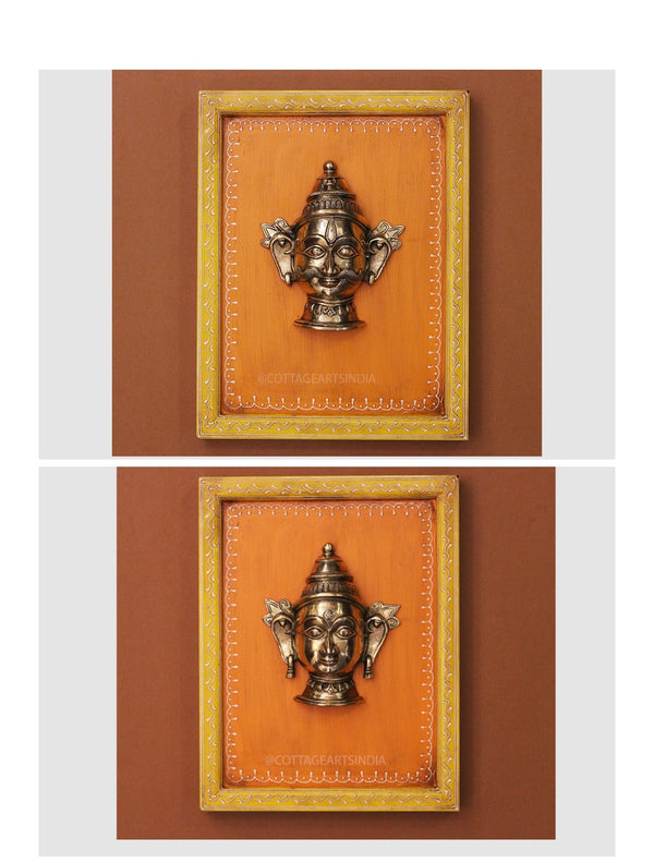 Brass Shiva & Gauri Wall Mask Wooden Frame