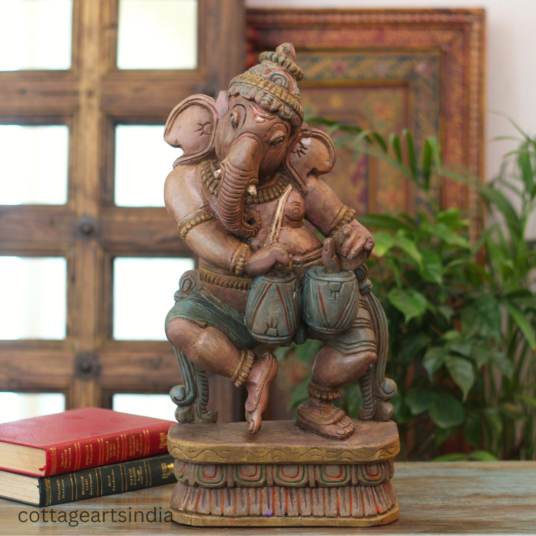 Handcrafted Wooden Ganesha Playing Tabla | Traditional Indian Decor