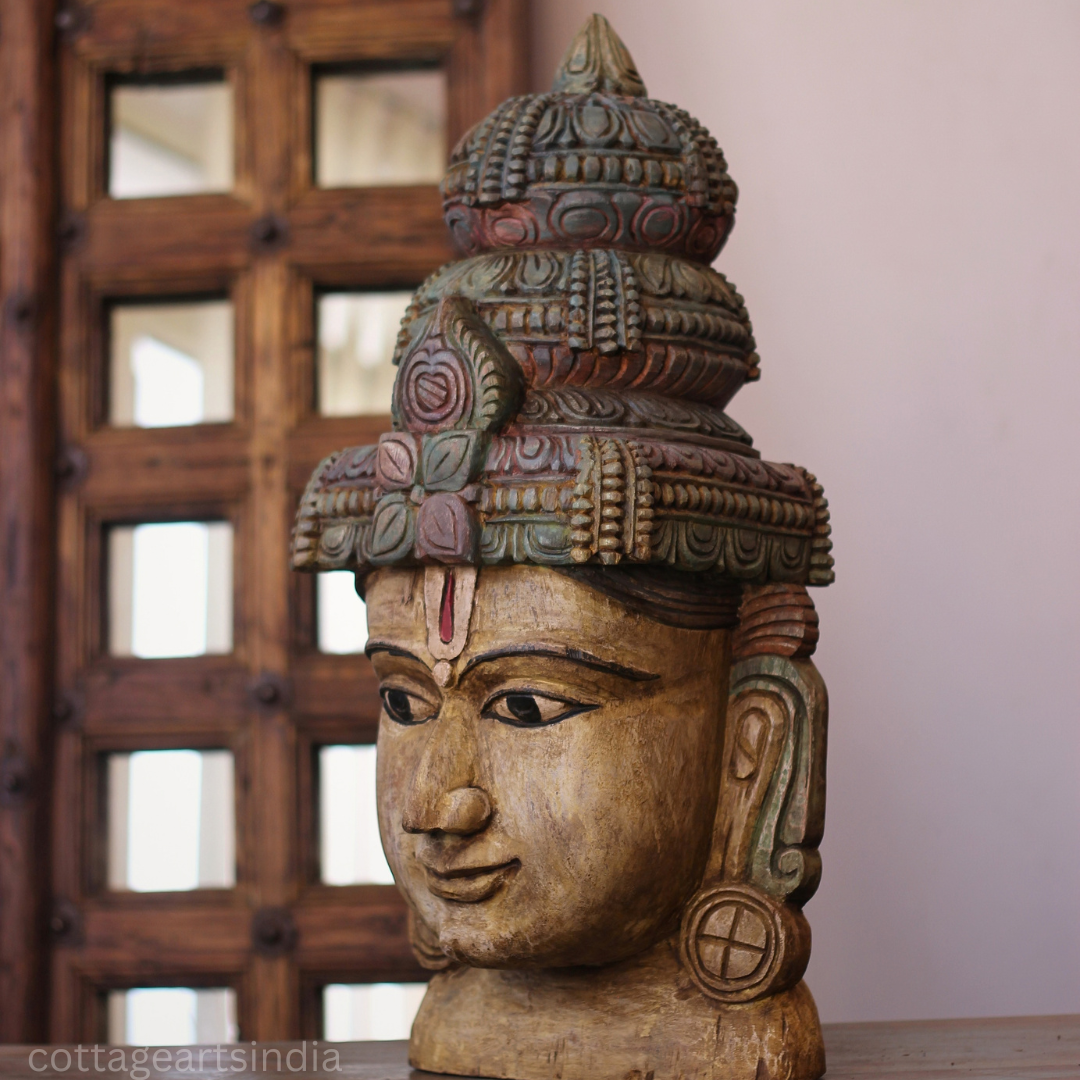 Handcrafted 25" Wooden Lord Vishnu Head Sculpture  – Vintage Antique Finish