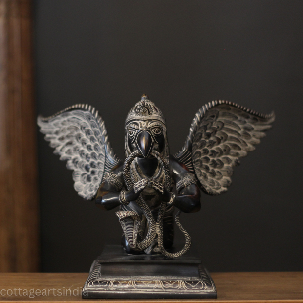 Black Antique Brass Garuda Statue | Handcrafted Garuda Idol with Wings