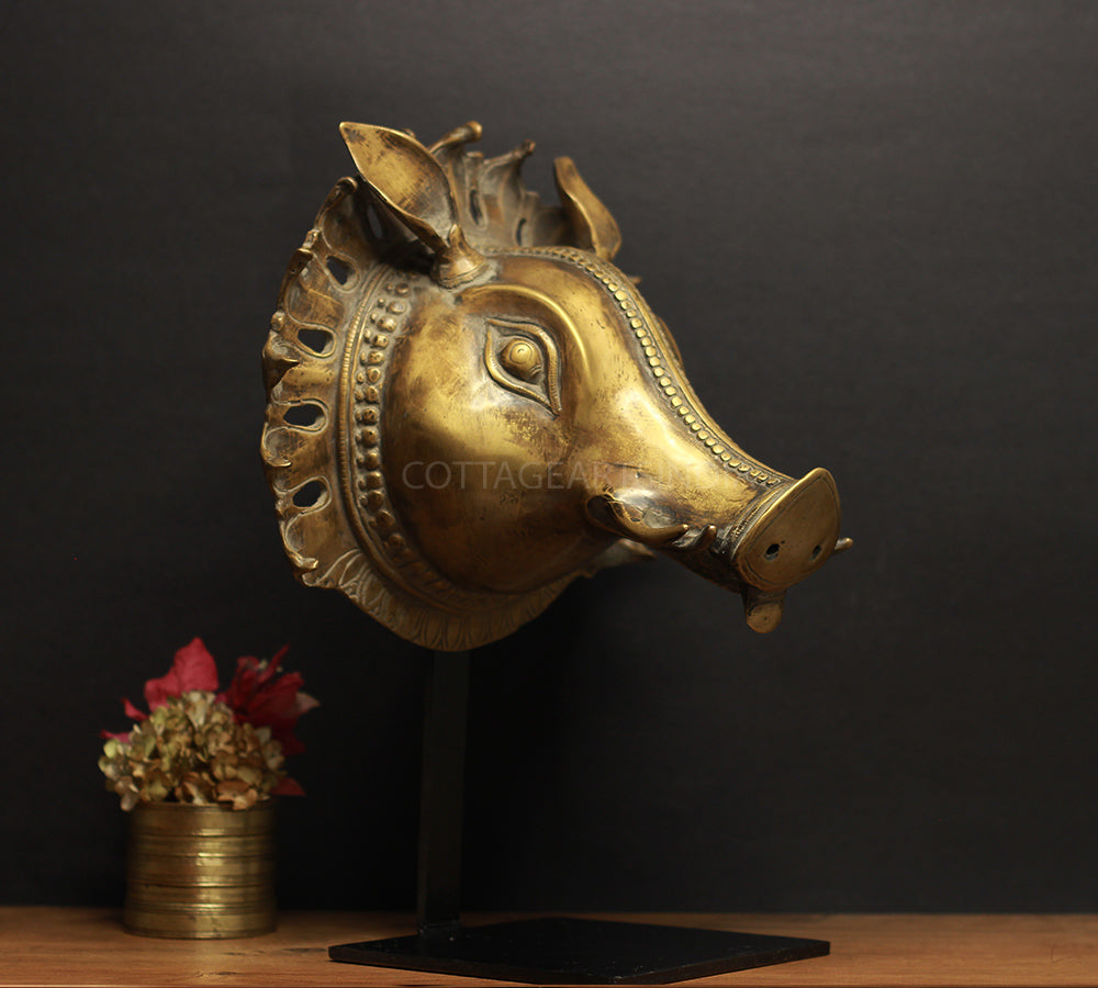 Brass Vintage Finish Varaha Mask on Stand