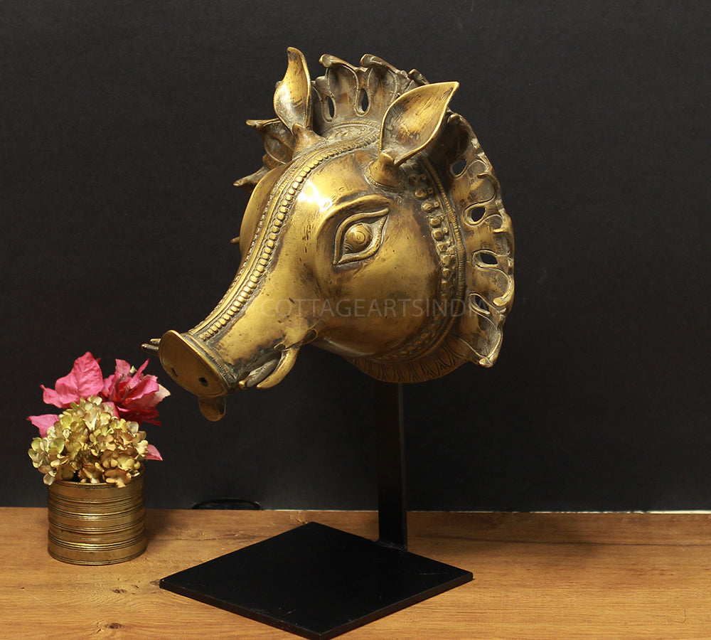 Brass Vintage Finish Varaha Mask on Stand