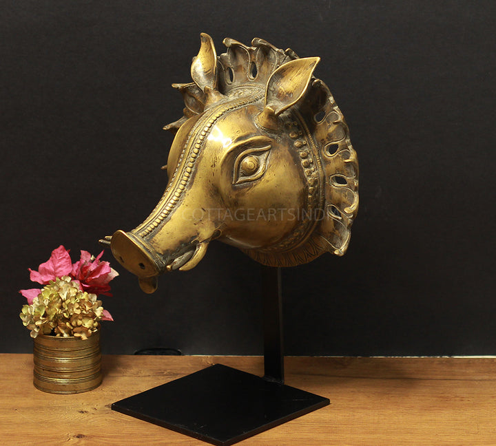 Brass Vintage Finish Varaha Mask on Stand