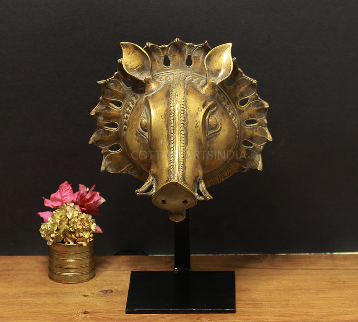 Brass Vintage Finish Varaha Mask on Stand